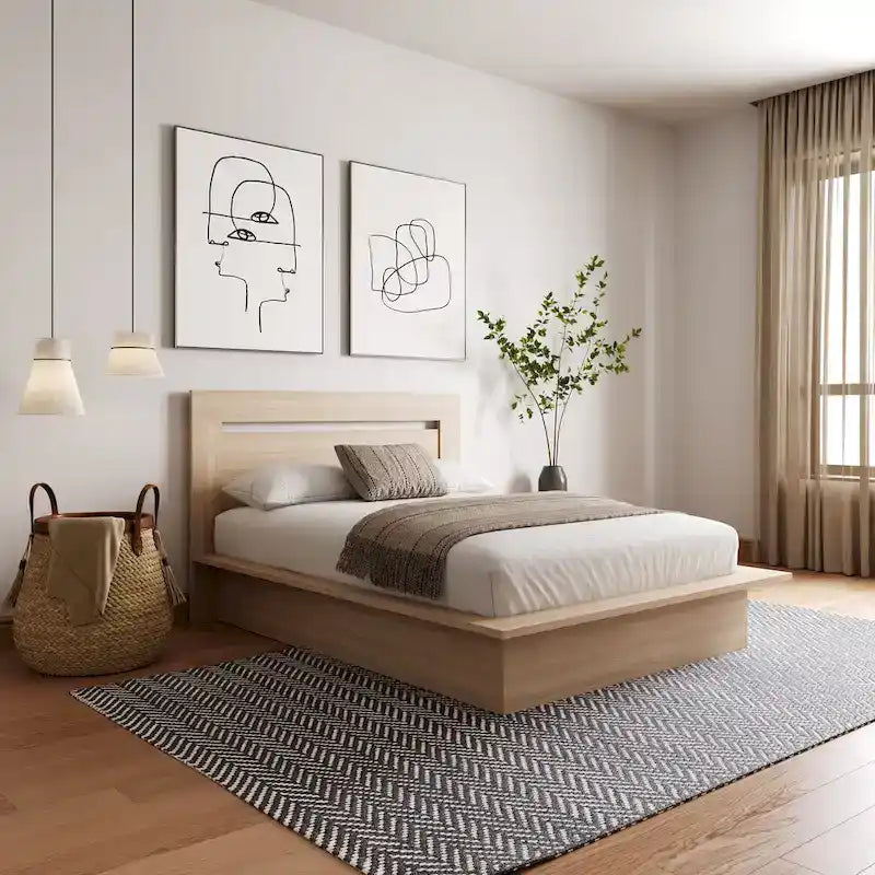 Modern Platform Bed with Headboard - Engineered Wood, Extra-Wide Bedsides, No Box Spring Needed, Minimalist Design
