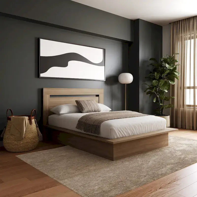Modern Platform Bed with Headboard - Engineered Wood, Extra-Wide Bedsides, No Box Spring Needed, Minimalist Design