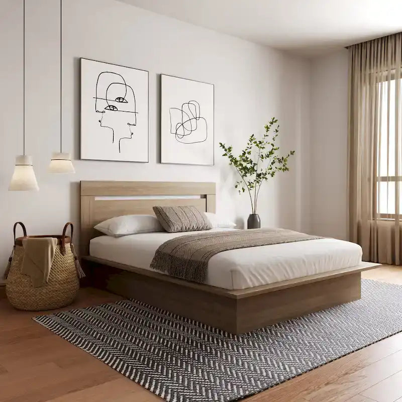 Modern Platform Bed with Headboard - Engineered Wood, Extra-Wide Bedsides, No Box Spring Needed, Minimalist Design