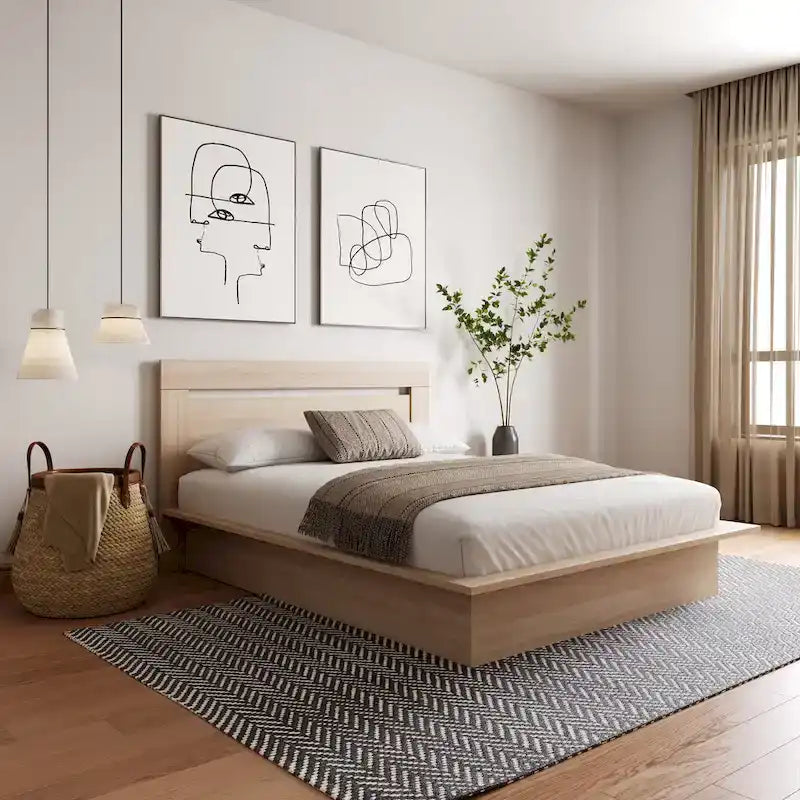 Modern Platform Bed with Headboard - Engineered Wood, Extra-Wide Bedsides, No Box Spring Needed, Minimalist Design