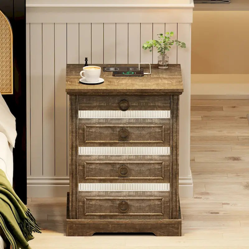 LED Nightstand with Charging Station - 2 Drawers, Wireless Charging, 2 USB Ports, Motion Sensor, MDF Wood