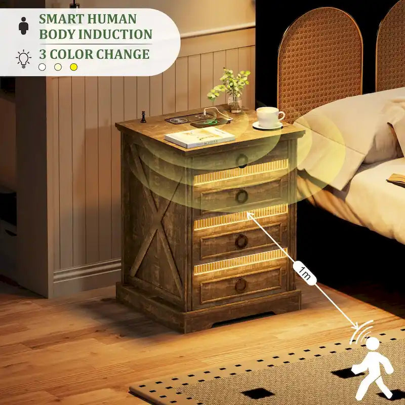 LED Nightstand with Charging Station - 2 Drawers, Wireless Charging, 2 USB Ports, Motion Sensor, MDF Wood