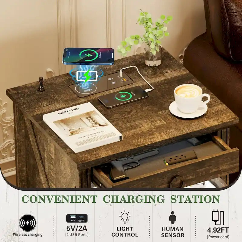 LED Nightstand with Charging Station - 2 Drawers, Wireless Charging, 2 USB Ports, Motion Sensor, MDF Wood