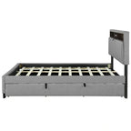 Queen Upholstered Platform Bed with Twin Trundle, Storage Headboard, USB Ports & 2 Drawers - Linen Fabric, 500lbs