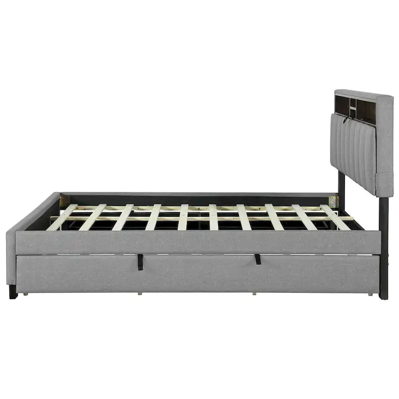 Queen Upholstered Platform Bed with Twin Trundle, Storage Headboard, USB Ports & 2 Drawers - Linen Fabric, 500lbs