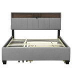 Queen Upholstered Platform Bed with Twin Trundle, Storage Headboard, USB Ports & 2 Drawers - Linen Fabric, 500lbs