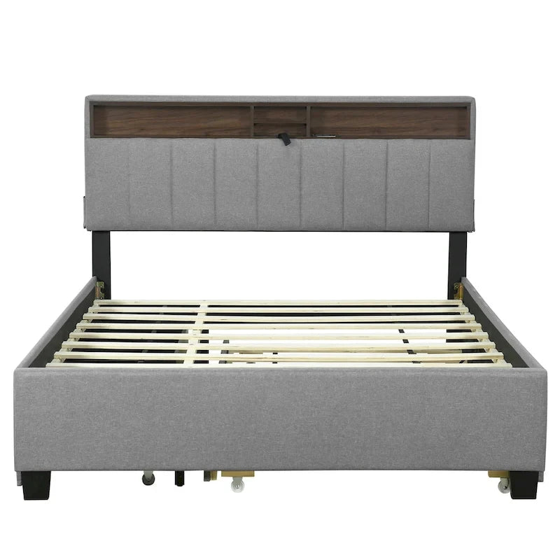 Queen Upholstered Platform Bed with Twin Trundle, Storage Headboard, USB Ports & 2 Drawers - Linen Fabric, 500lbs