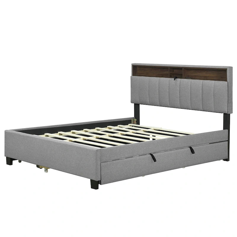 Queen Upholstered Platform Bed with Twin Trundle, Storage Headboard, USB Ports & 2 Drawers - Linen Fabric, 500lbs