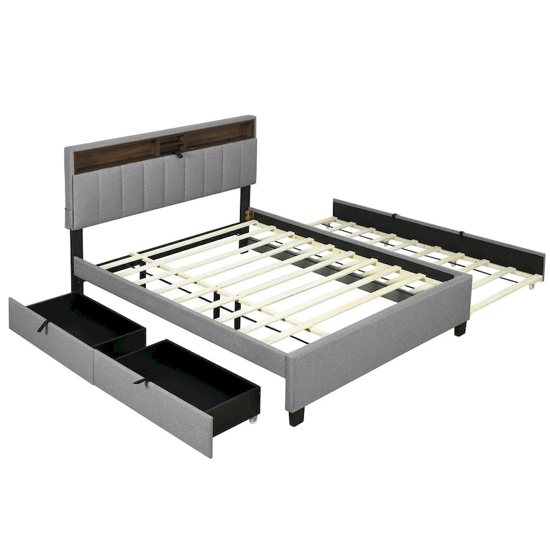 Queen Upholstered Platform Bed with Twin Trundle, Storage Headboard, USB Ports & 2 Drawers - Linen Fabric, 500lbs