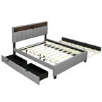 Queen Upholstered Platform Bed with Twin Trundle, Storage Headboard, USB Ports & 2 Drawers - Linen Fabric, 500lbs
