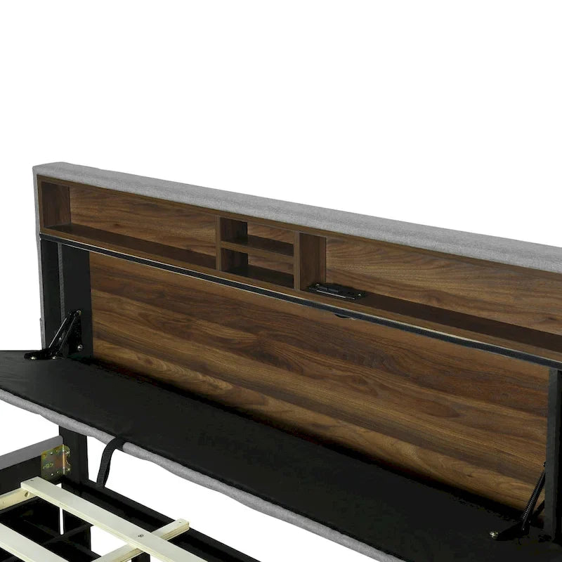 Queen Upholstered Platform Bed with Twin Trundle, Storage Headboard, USB Ports & 2 Drawers - Linen Fabric, 500lbs