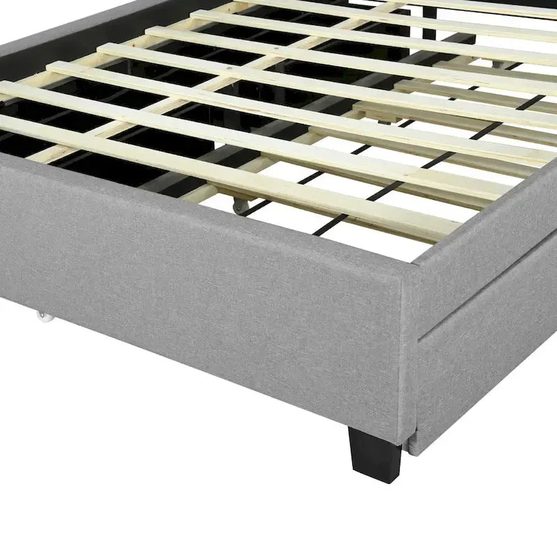 Queen Upholstered Platform Bed with Twin Trundle, Storage Headboard, USB Ports & 2 Drawers - Linen Fabric, 500lbs