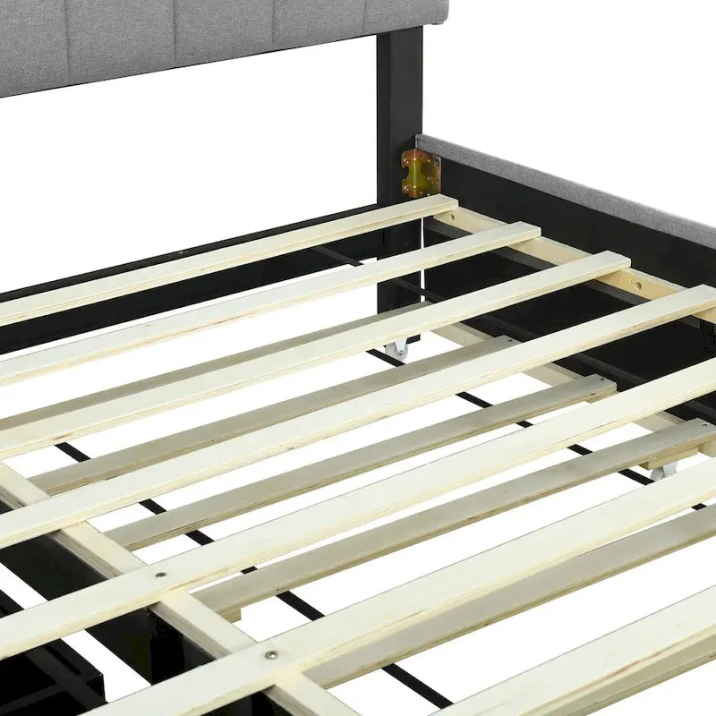 Queen Upholstered Platform Bed with Twin Trundle, Storage Headboard, USB Ports & 2 Drawers - Linen Fabric, 500lbs