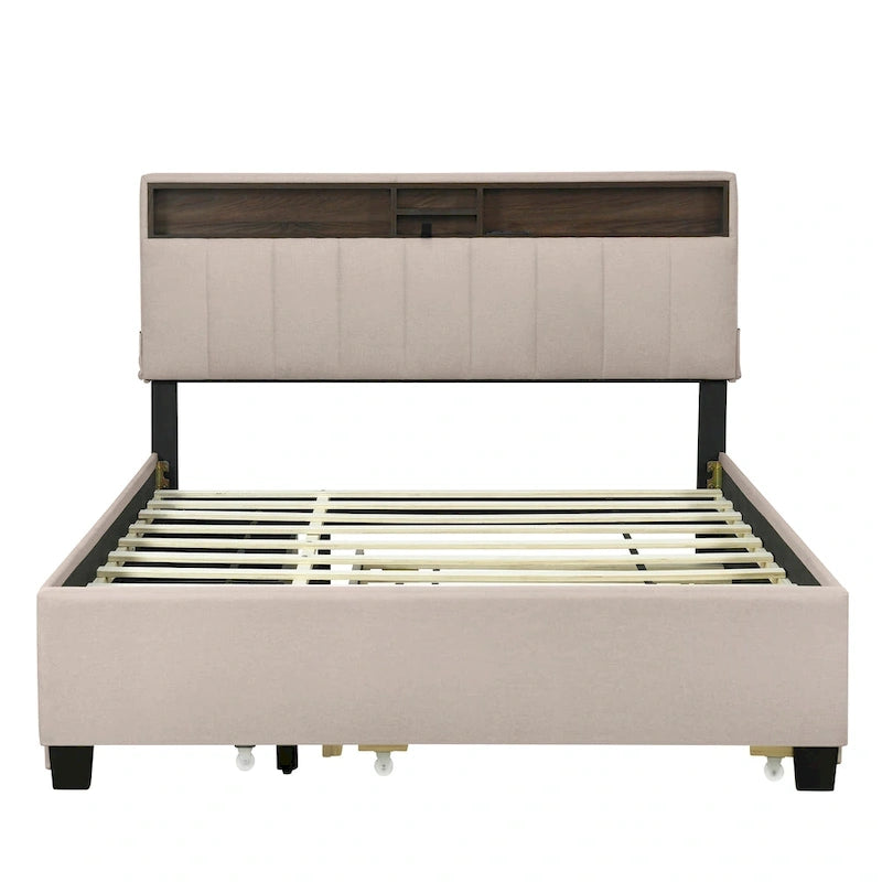 Queen Upholstered Platform Bed with Twin Trundle, Storage Headboard, USB Ports & 2 Drawers - Linen Fabric, 500lbs