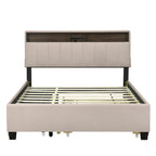 Queen Upholstered Platform Bed with Twin Trundle, Storage Headboard, USB Ports & 2 Drawers - Linen Fabric, 500lbs
