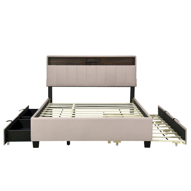 Queen Upholstered Platform Bed with Twin Trundle, Storage Headboard, USB Ports & 2 Drawers - Linen Fabric, 500lbs