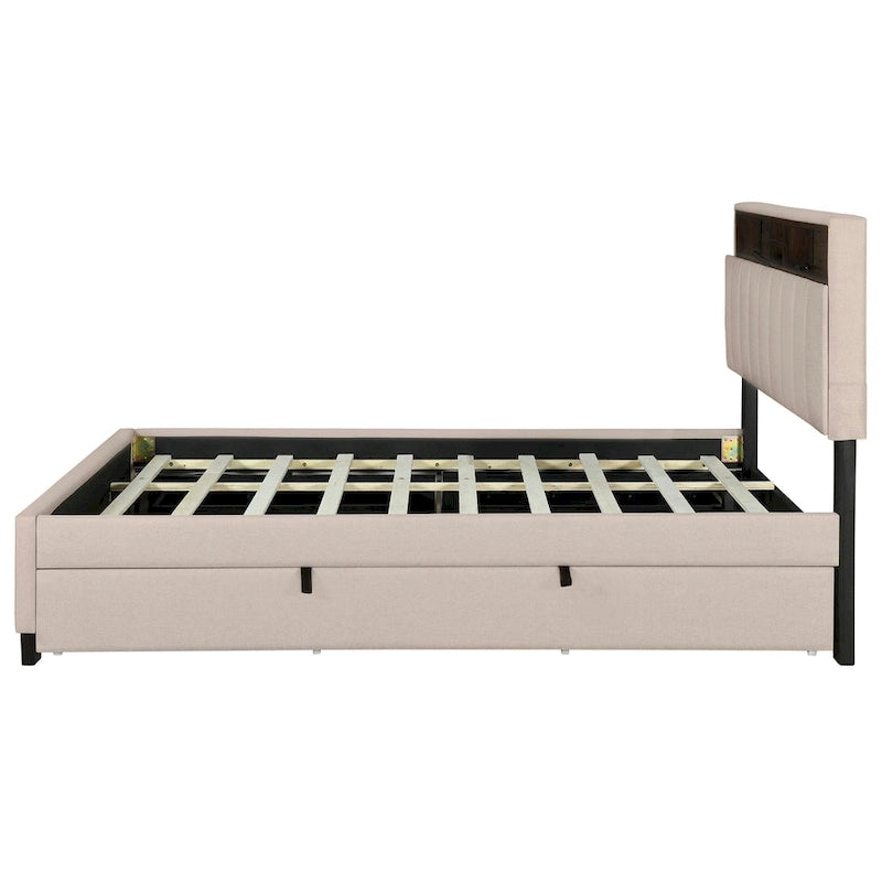 Queen Upholstered Platform Bed with Twin Trundle, Storage Headboard, USB Ports & 2 Drawers - Linen Fabric, 500lbs