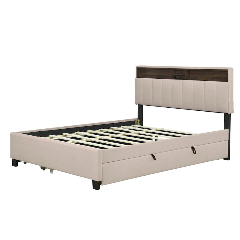 Queen Upholstered Platform Bed with Twin Trundle, Storage Headboard, USB Ports & 2 Drawers - Linen Fabric, 500lbs