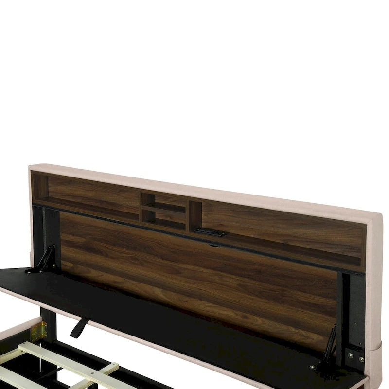 Queen Upholstered Platform Bed with Twin Trundle, Storage Headboard, USB Ports & 2 Drawers - Linen Fabric, 500lbs