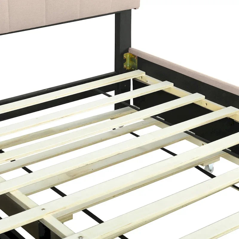 Queen Upholstered Platform Bed with Twin Trundle, Storage Headboard, USB Ports & 2 Drawers - Linen Fabric, 500lbs