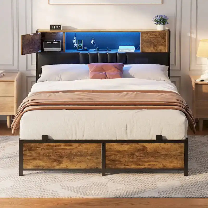 Full/Queen/King Platform Bed with Charging Station, LED Lights & Storage Headboard - Metal/MDF, 1200lbs Capacity