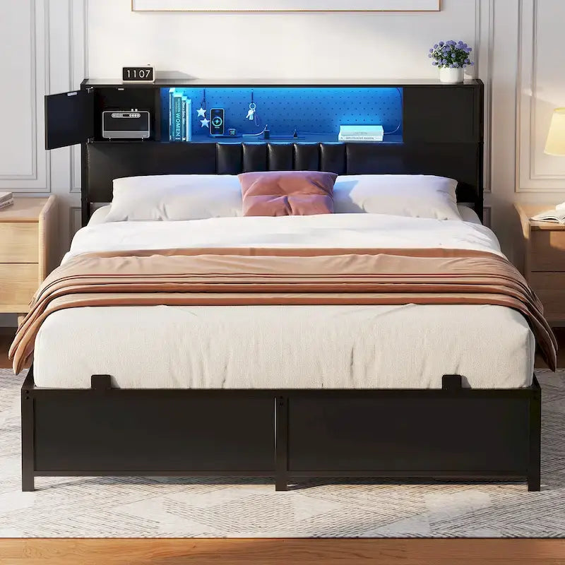 Full/Queen/King Platform Bed with Charging Station, LED Lights & Storage Headboard - Metal/MDF, 1200lbs Capacity