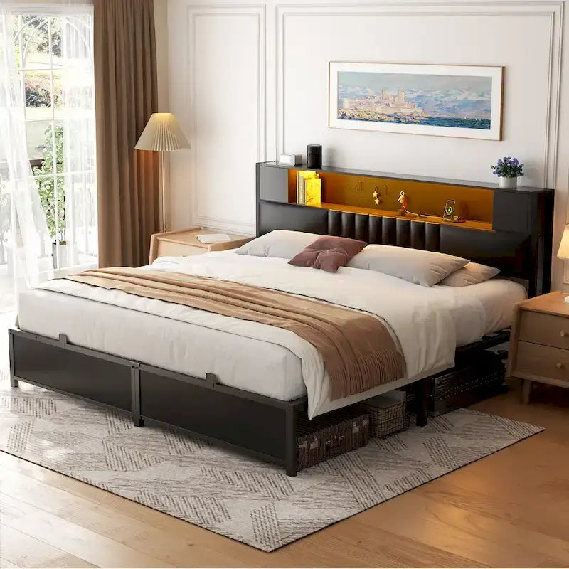 Farmhouse Bed Frame with Holey Board, Upholstered Headboard Platform Bed with Charging Station
