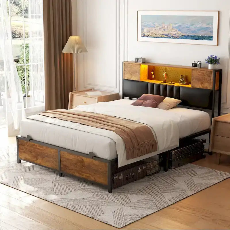 Full/Queen/King Platform Bed with Charging Station, LED Lights & Storage Headboard - Metal/MDF, 1200lbs Capacity
