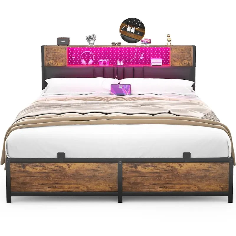 Full/Queen/King Platform Bed with Charging Station, LED Lights & Storage Headboard - Metal/MDF, 1200lbs Capacity