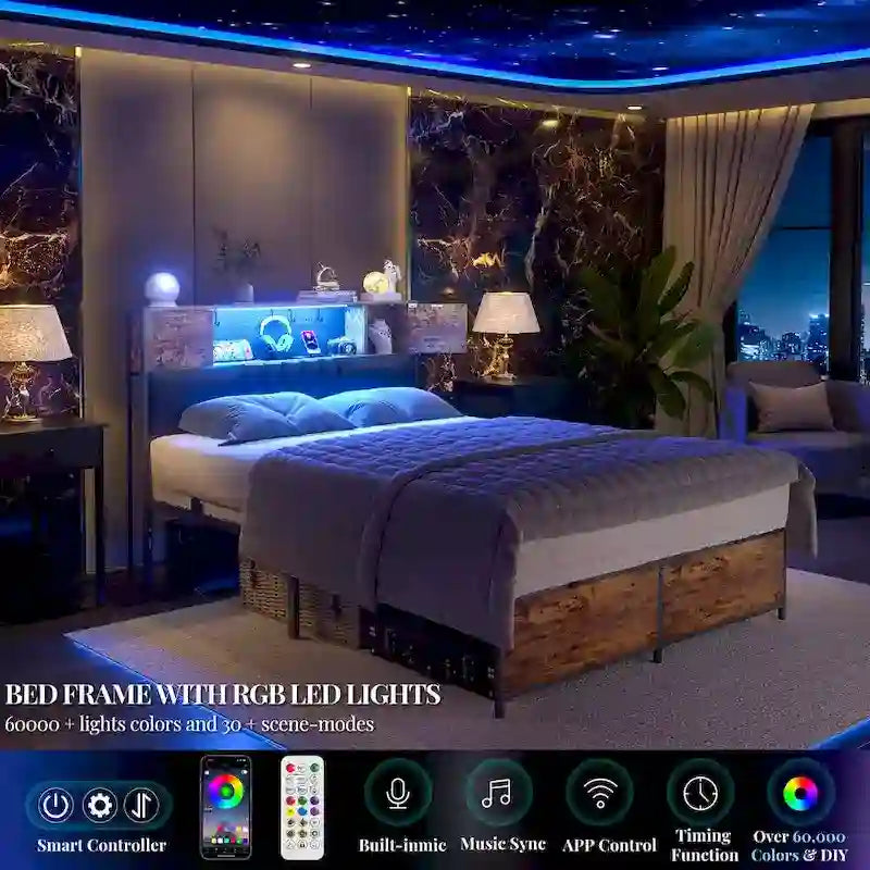 Full/Queen/King Platform Bed with Charging Station, LED Lights & Storage Headboard - Metal/MDF, 1200lbs Capacity