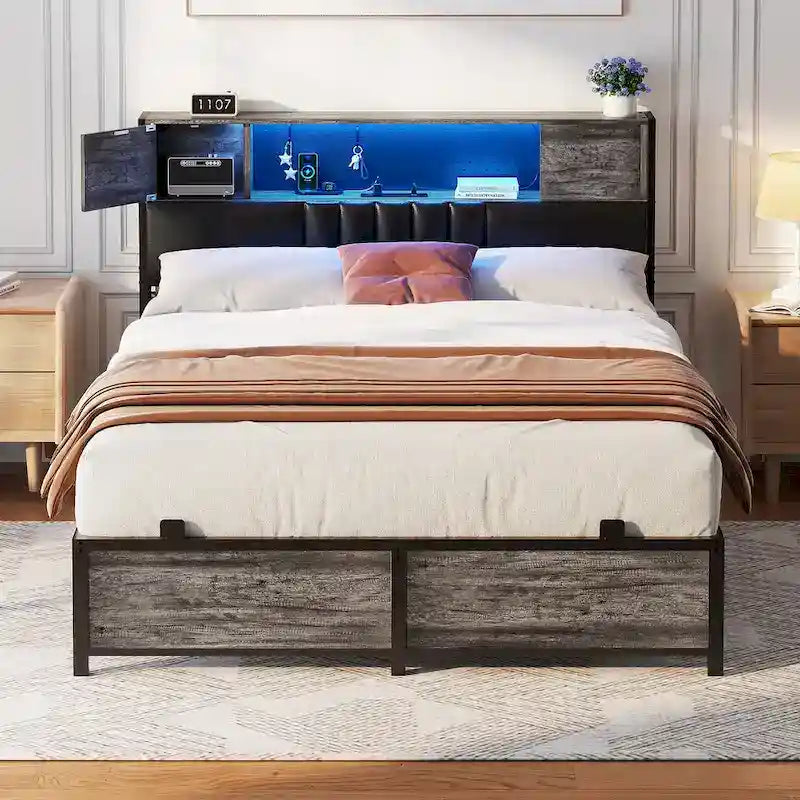 Full/Queen/King Platform Bed with Charging Station, LED Lights & Storage Headboard - Metal/MDF, 1200lbs Capacity
