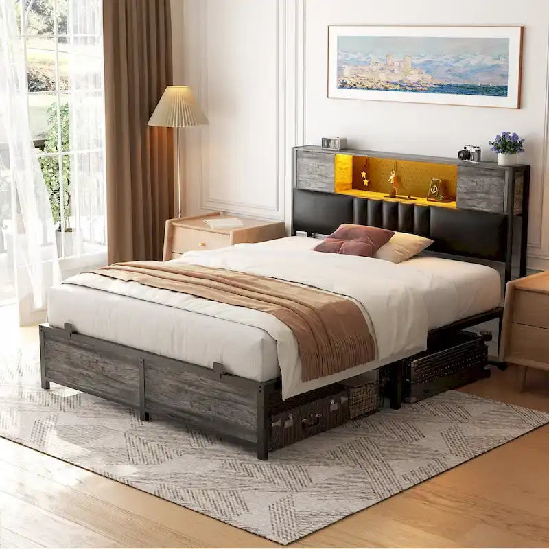 Full/Queen/King Platform Bed with Charging Station, LED Lights & Storage Headboard - Metal/MDF, 1200lbs Capacity