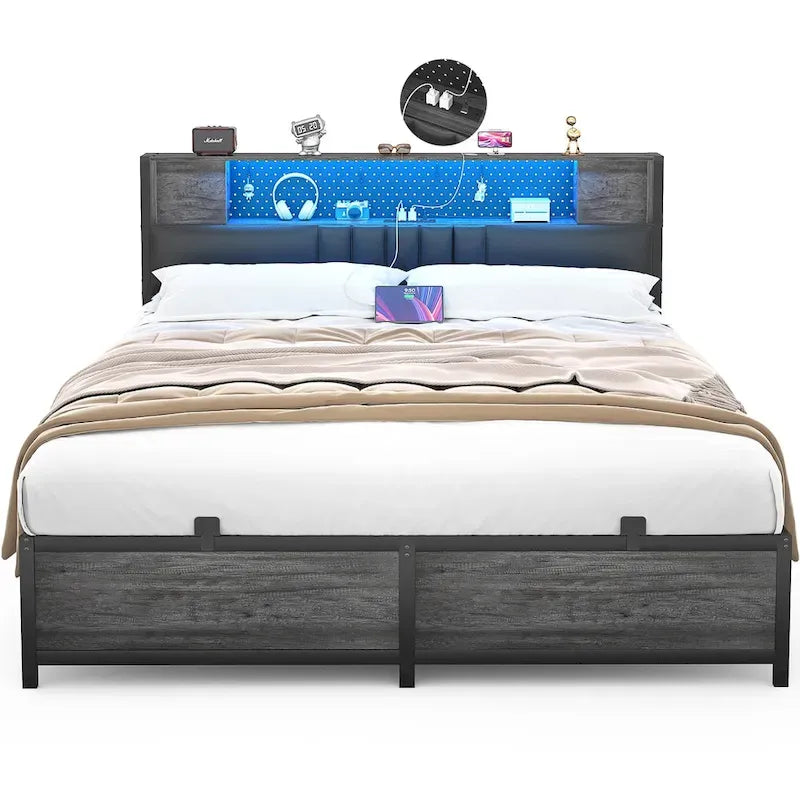 Full/Queen/King Platform Bed with Charging Station, LED Lights & Storage Headboard - Metal/MDF, 1200lbs Capacity