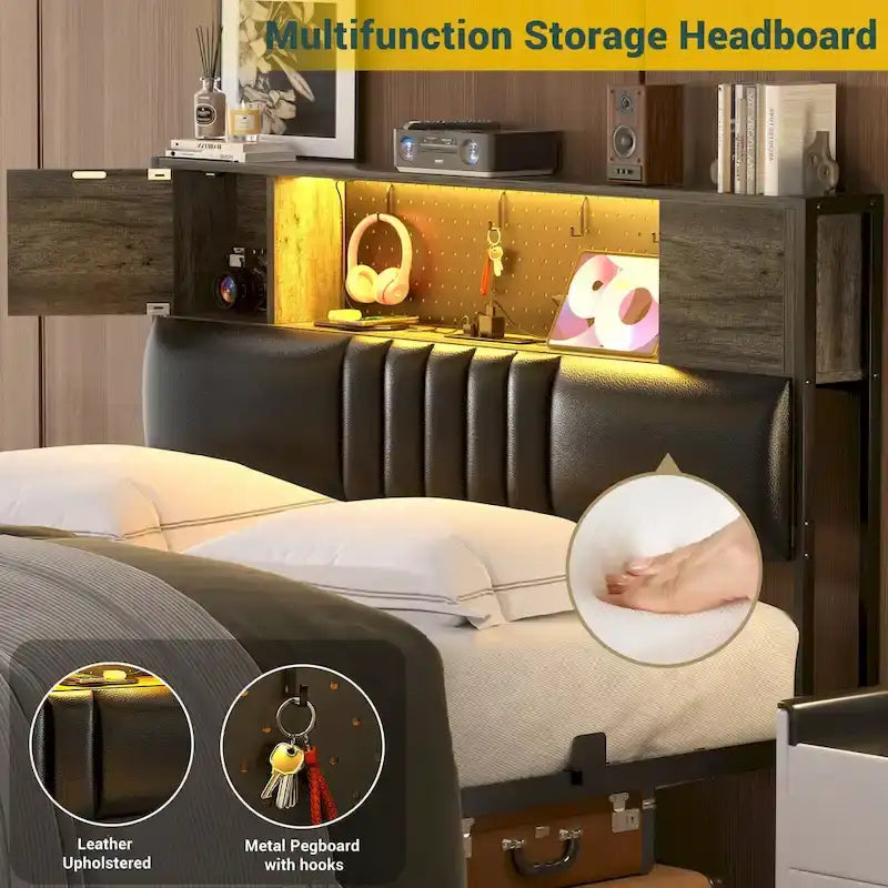 Full/Queen/King Platform Bed with Charging Station, LED Lights & Storage Headboard - Metal/MDF, 1200lbs Capacity