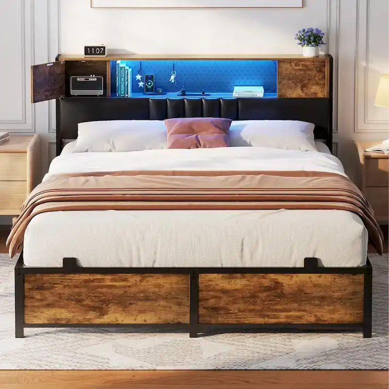 Full/Queen/King Platform Bed with Charging Station, LED Lights & Storage Headboard - Metal/MDF, 1200lbs Capacity