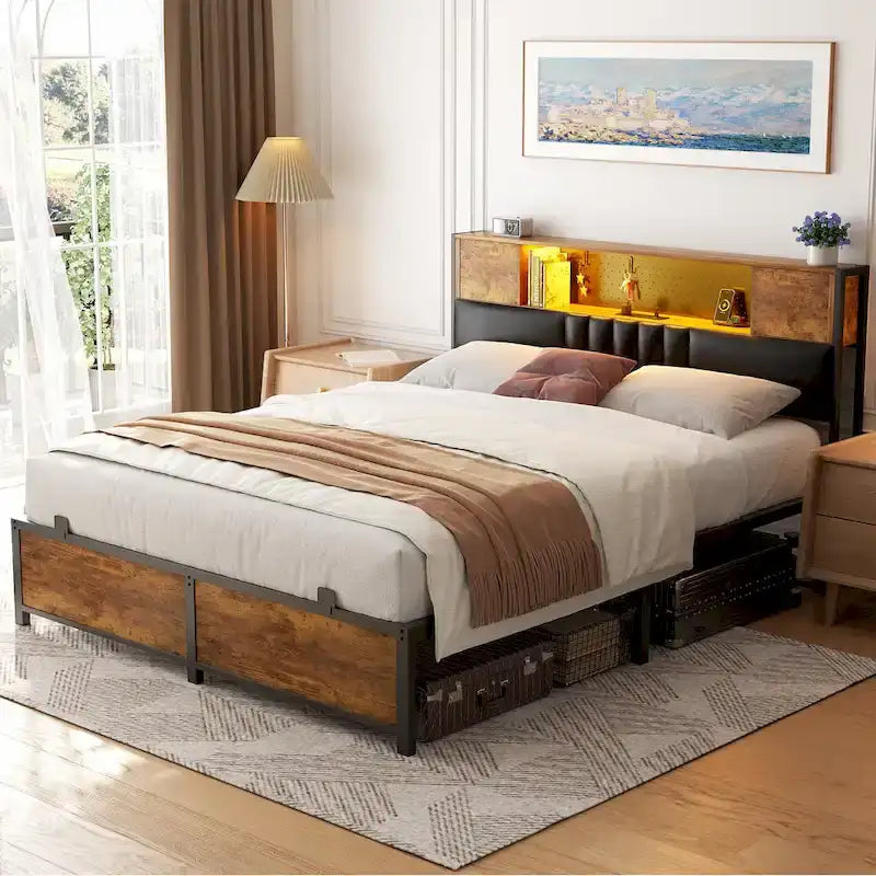 Full/Queen/King Platform Bed with Charging Station, LED Lights & Storage Headboard - Metal/MDF, 1200lbs Capacity