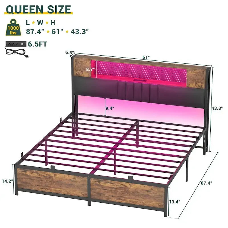 Full/Queen/King Platform Bed with Charging Station, LED Lights & Storage Headboard - Metal/MDF, 1200lbs Capacity
