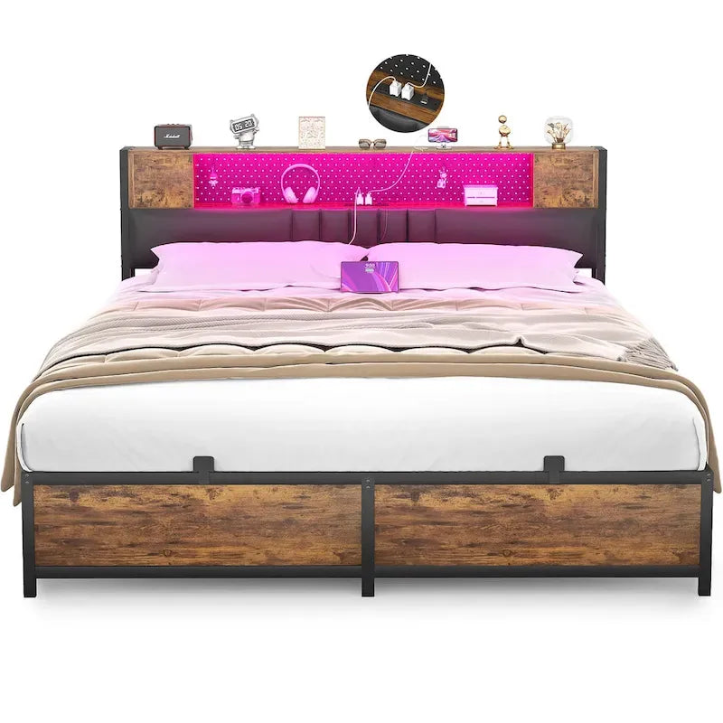 Full/Queen/King Platform Bed with Charging Station, LED Lights & Storage Headboard - Metal/MDF, 1200lbs Capacity