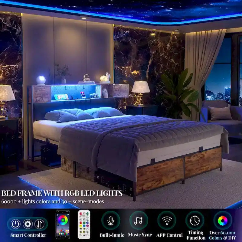 Full/Queen/King Platform Bed with Charging Station, LED Lights & Storage Headboard - Metal/MDF, 1200lbs Capacity