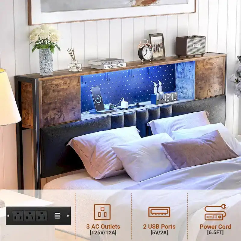 Full/Queen/King Platform Bed with Charging Station, LED Lights & Storage Headboard - Metal/MDF, 1200lbs Capacity