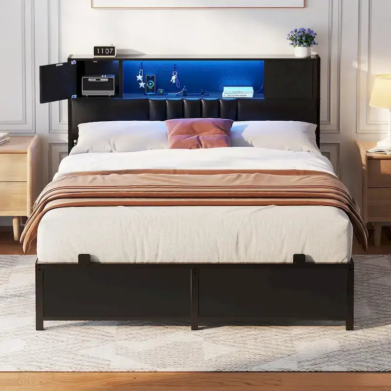 Full/Queen/King Platform Bed with Charging Station, LED Lights & Storage Headboard - Metal/MDF, 1200lbs Capacity