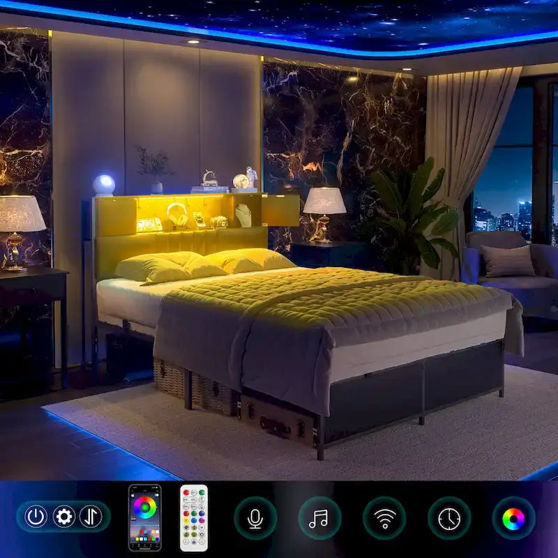 Full/Queen/King Platform Bed with Charging Station, LED Lights & Storage Headboard - Metal/MDF, 1200lbs Capacity