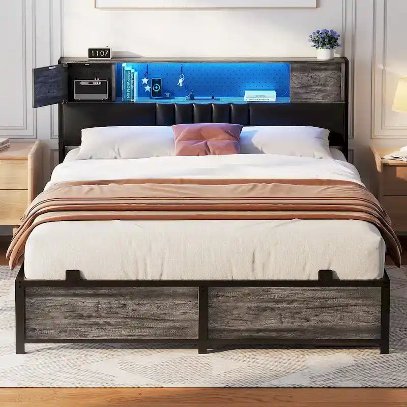 Full/Queen/King Platform Bed with Charging Station, LED Lights & Storage Headboard - Metal/MDF, 1200lbs Capacity