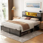 Full/Queen/King Platform Bed with Charging Station, LED Lights & Storage Headboard - Metal/MDF, 1200lbs Capacity
