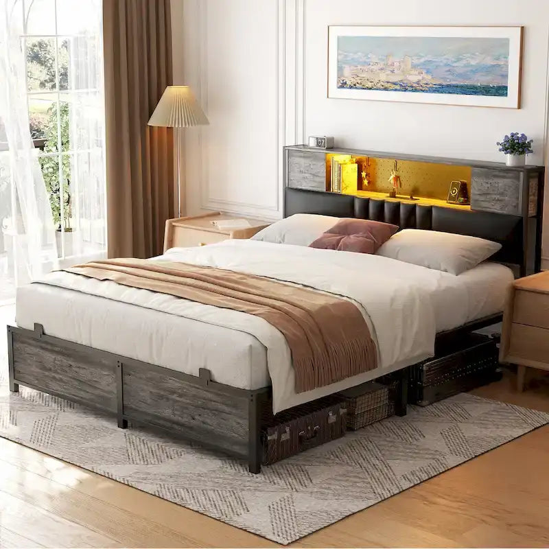 Full/Queen/King Platform Bed with Charging Station, LED Lights & Storage Headboard - Metal/MDF, 1200lbs Capacity