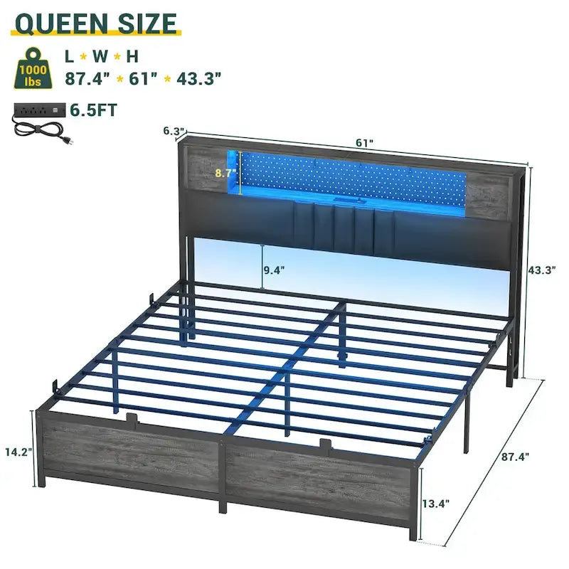 Full/Queen/King Platform Bed with Charging Station, LED Lights & Storage Headboard - Metal/MDF, 1200lbs Capacity