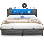 Full/Queen/King Platform Bed with Charging Station, LED Lights & Storage Headboard - Metal/MDF, 1200lbs Capacity