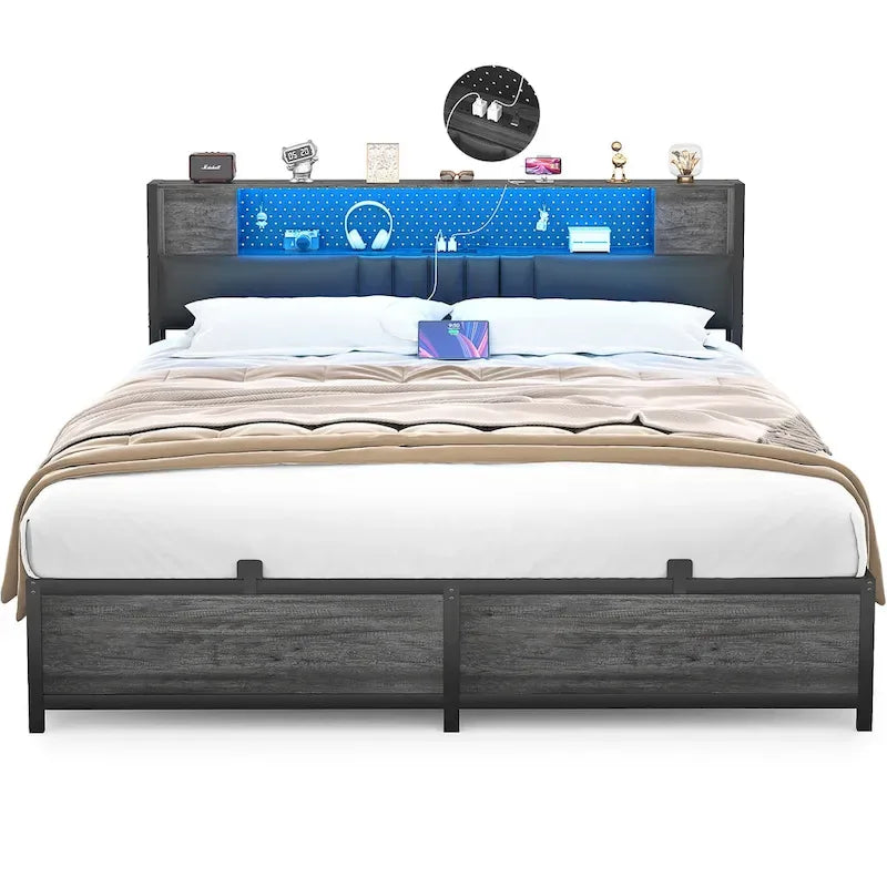 Full/Queen/King Platform Bed with Charging Station, LED Lights & Storage Headboard - Metal/MDF, 1200lbs Capacity