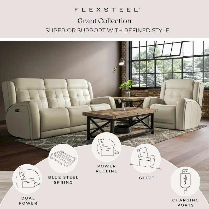 87" Leather Power Reclining Sofa with Power Headrests, USB Ports, Tufted Back, DualFlex Spring System