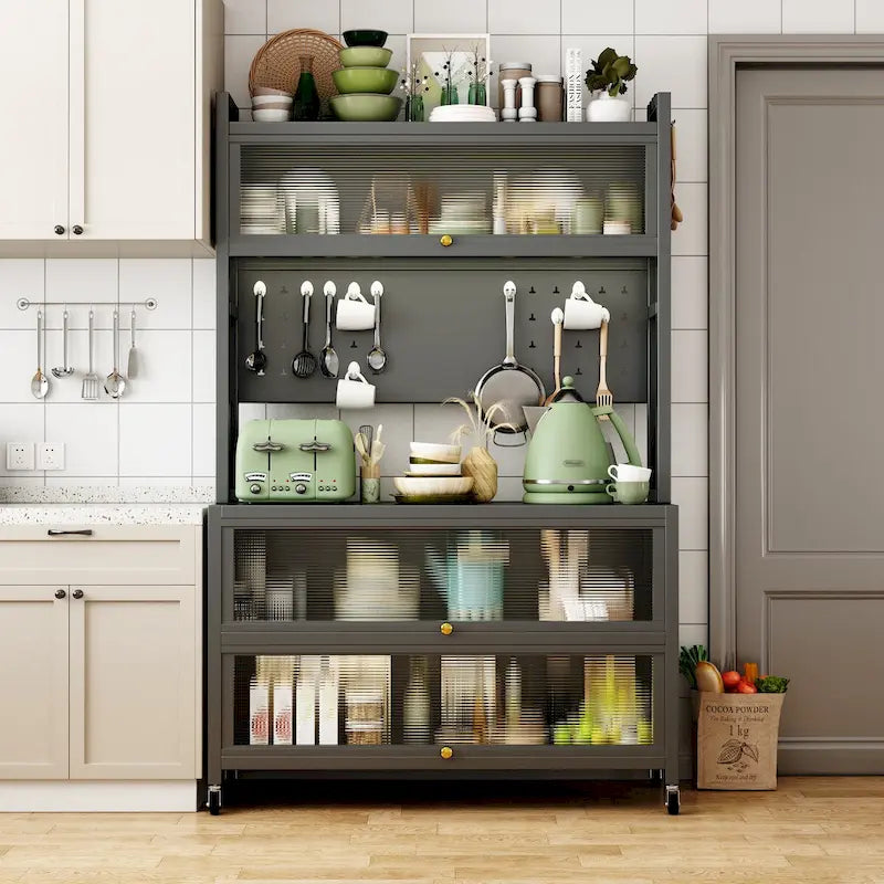 Kitchen Storage Cabinet with Wheels - Baker's Rack, Microwave Shelf, Double Doors, 250kg Capacity, 360° Casters